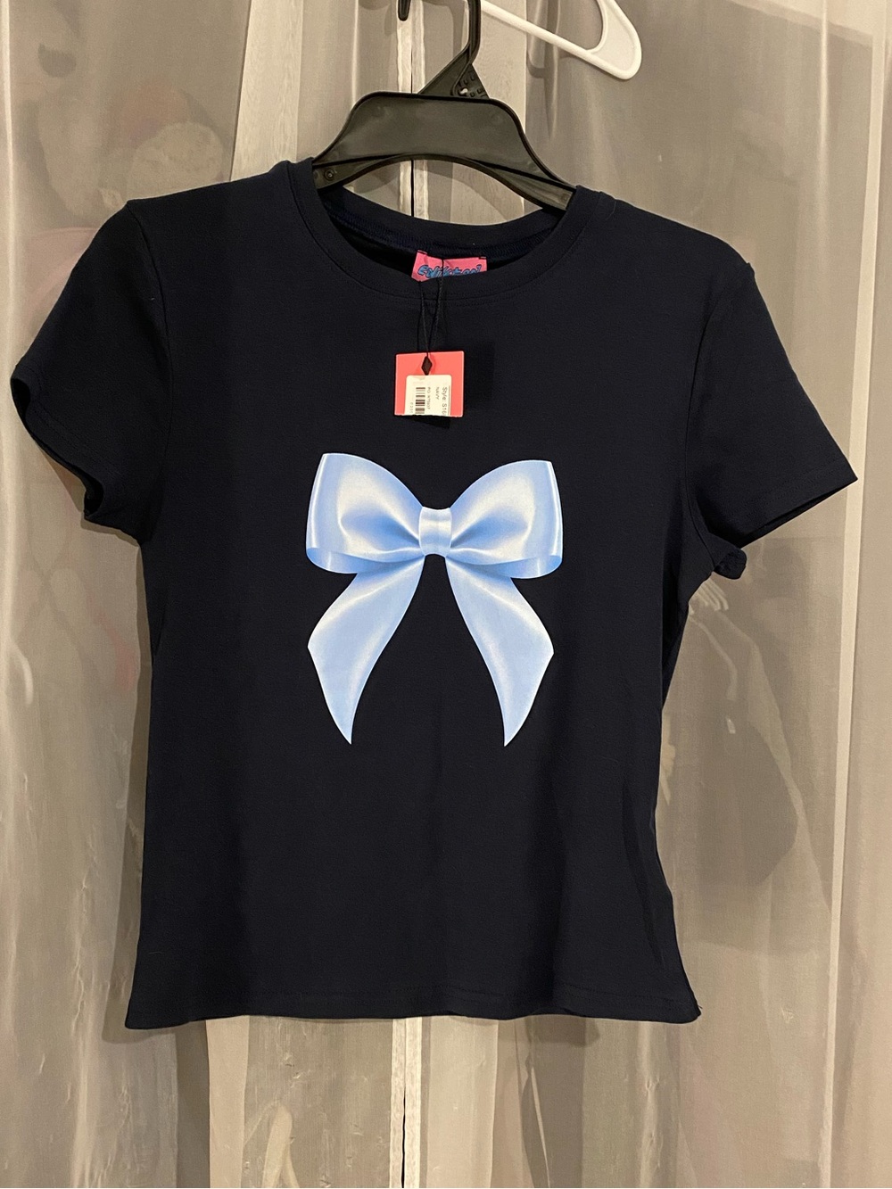 Edikted Navy Tee with Light Blue Bow Graphic